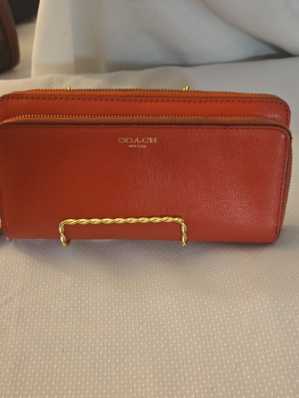 Coach Saffiano Leather Zip-Around Wallet in Bright Orange with Gold Hardware